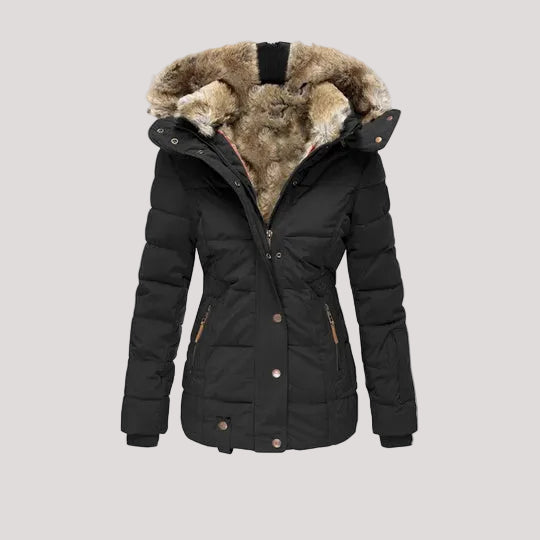 Paloma black faux fur hood belted puffer jacket, front view