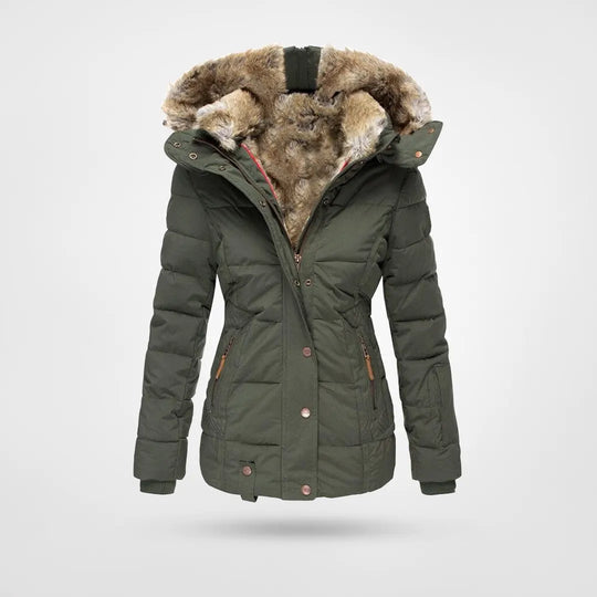 Paloma olive green faux fur hood belted puffer jacket, front view