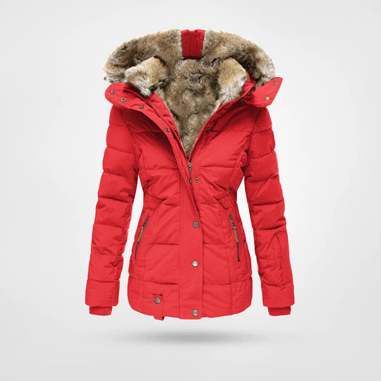 Paloma red faux fur hood belted puffer jacket, front view