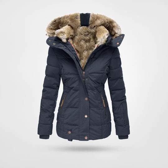 Paloma navy blue faux fur hood belted puffer jacket, front view