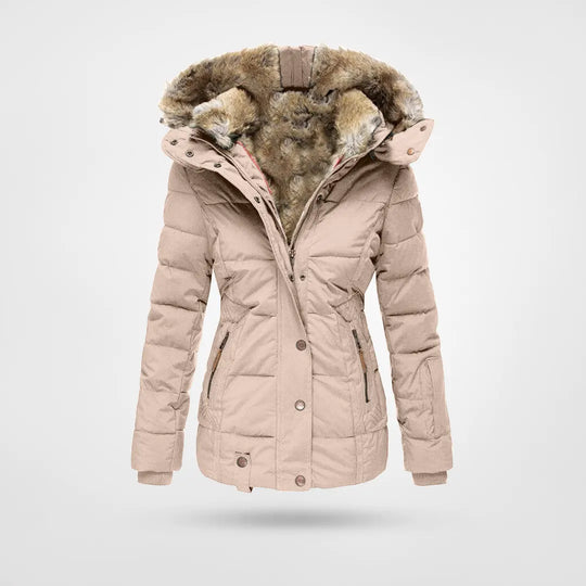 Paloma beige faux fur hood belted puffer jacket, front view