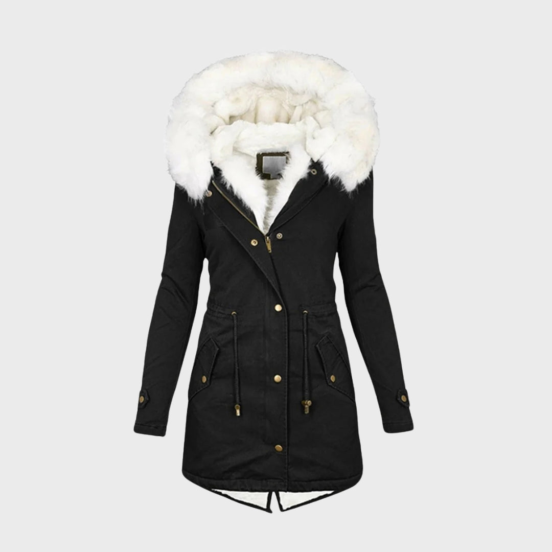 Priscilla black faux fur hood mid length winter jacket, front view