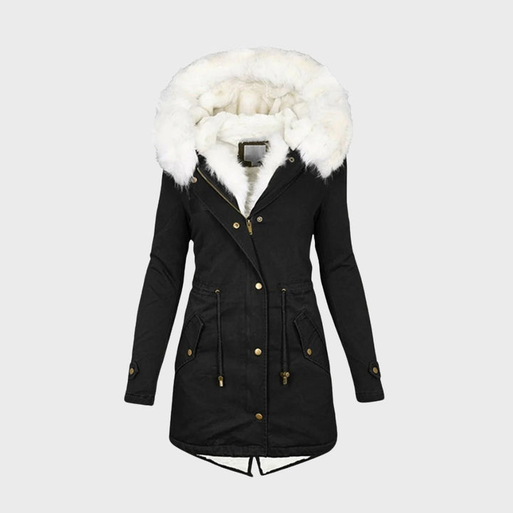 Priscilla black faux fur hood mid length winter jacket, front view