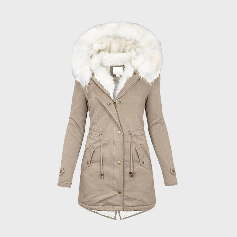 Priscilla beige faux fur hood zip up winter parka, front view