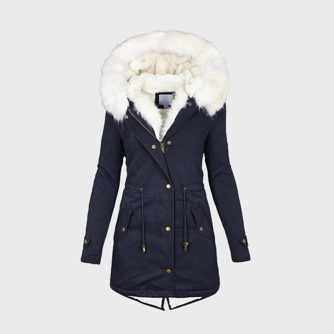 Priscilla navy blue fur trim hooded winter jacket, front view
