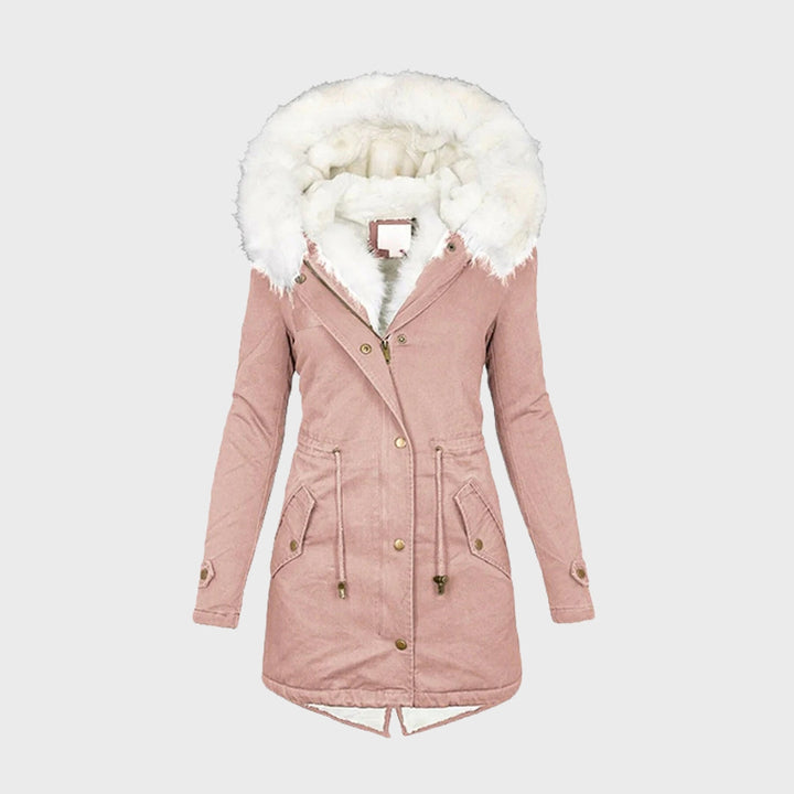 Priscilla pink faux fur hooded parka jacket, front view