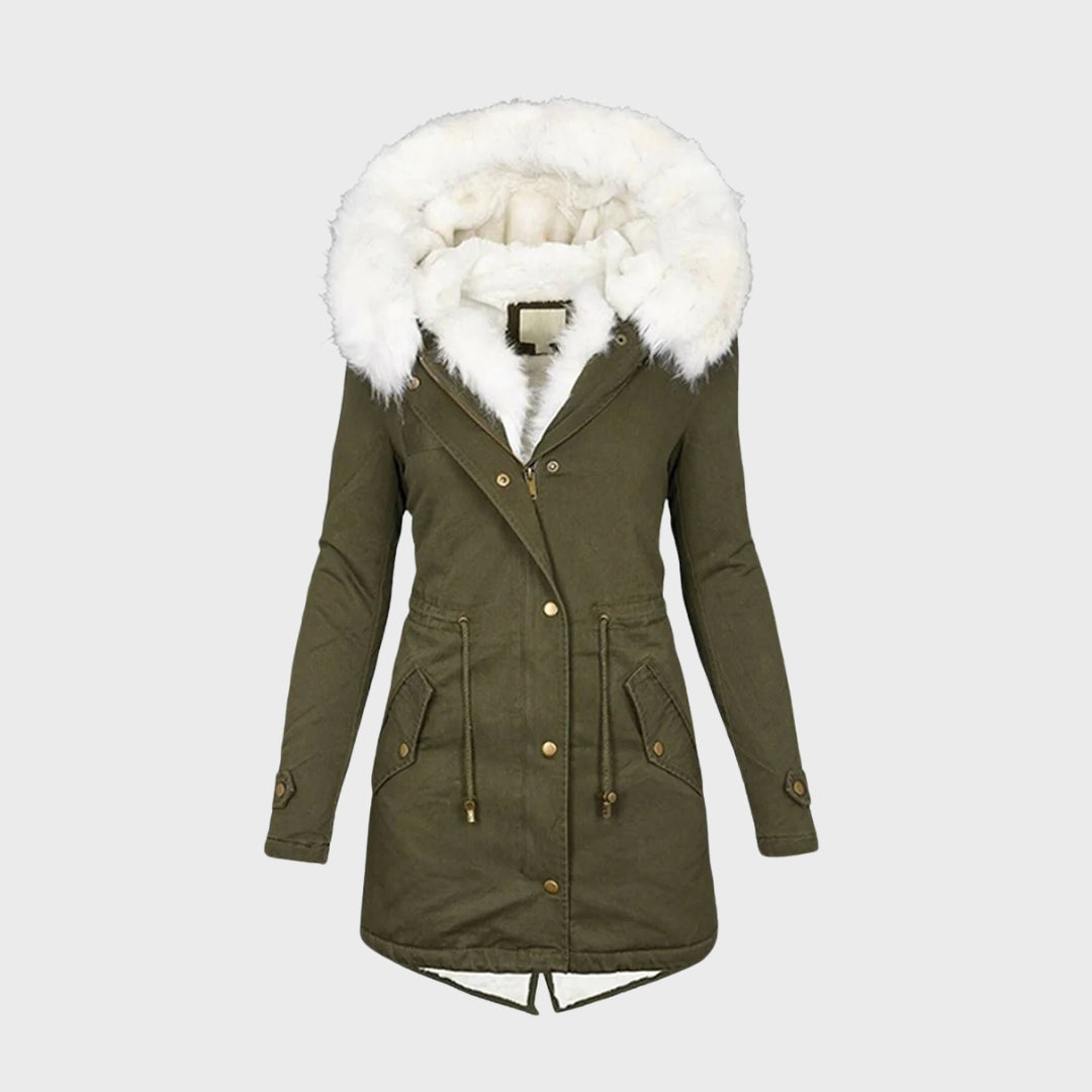 Priscilla olive green fur hood winter parka, front view