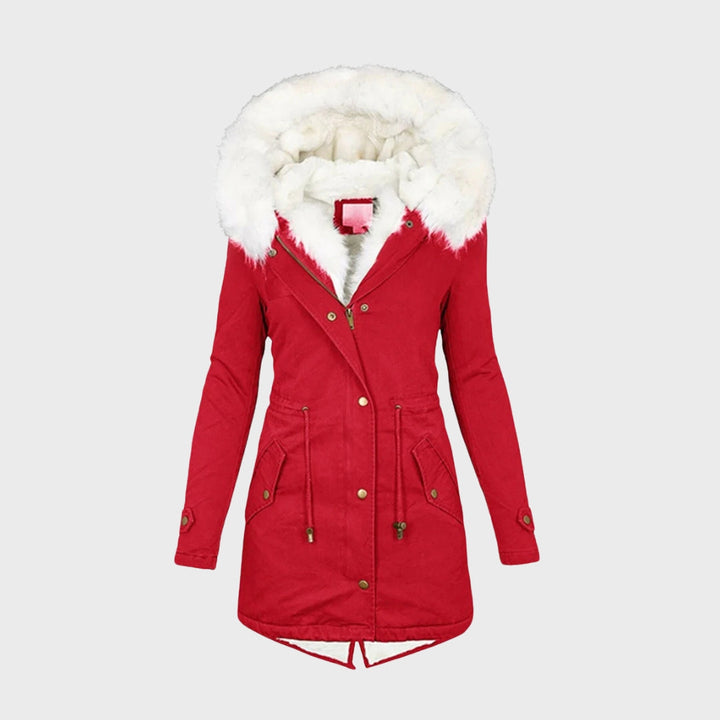 Priscilla red faux fur hooded winter jacket, front view