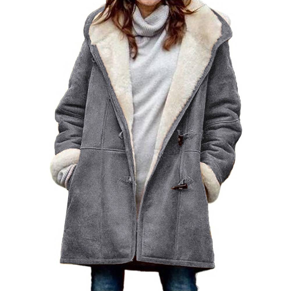 Priscilla gray hooded winter jacket with shearling trim, front view