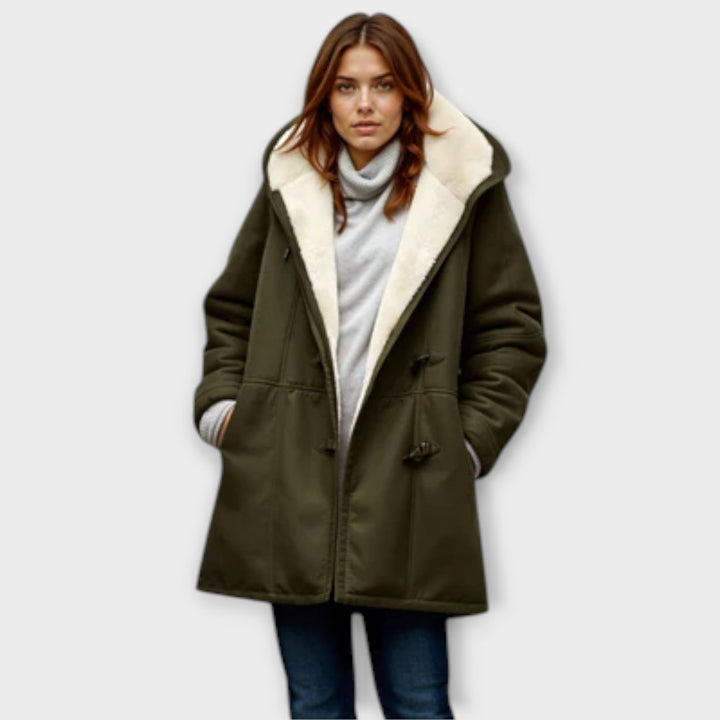 Priscilla olive green hooded winter jacket with toggle closures, front view