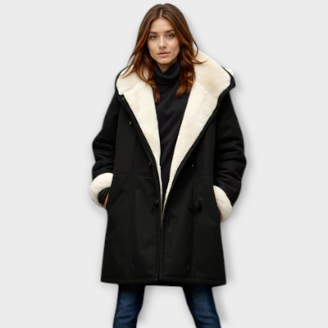 Priscilla black hooded winter jacket with plush trim, front view