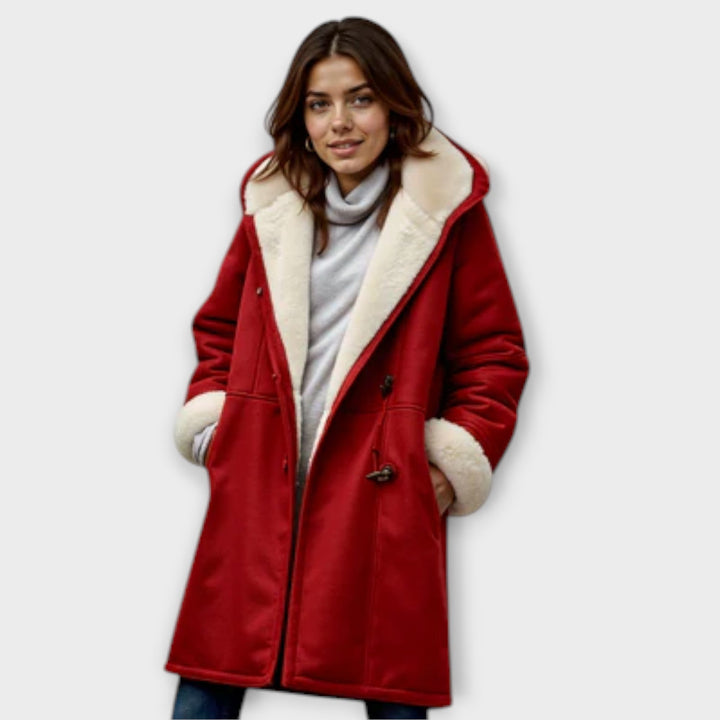 Priscilla red hooded winter jacket with shearling lined hood, front view