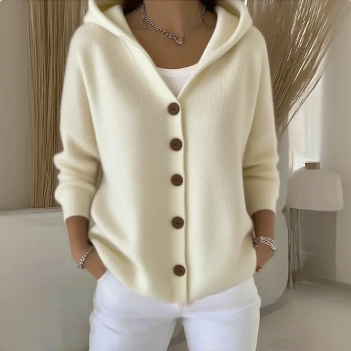 Rosalind hooded button-front cardigan in cream, front view
