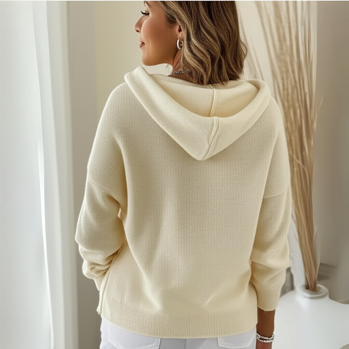 Rosalind hooded button-front cardigan in cream, back view