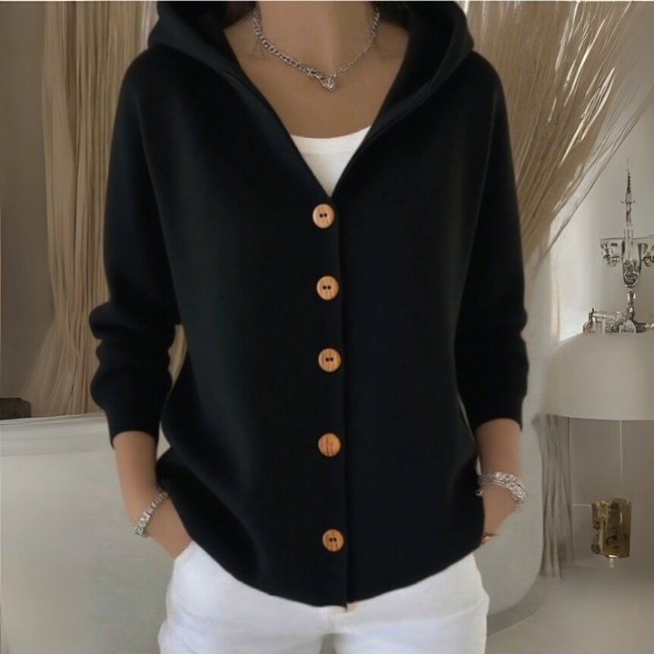 Rosalind hooded button-front cardigan in black, front view