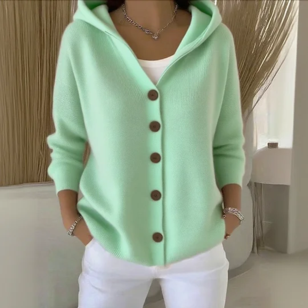 Rosalind hooded button-front cardigan in green, front view