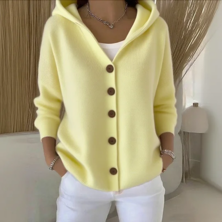 Rosalind hooded button-front cardigan in yellow, front view