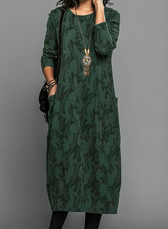 Rosalind casual round neck long sleeve winter dress in green, front view