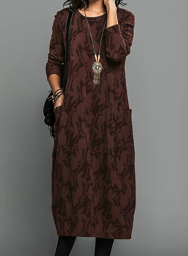 Rosalind casual round neck long sleeve winter dress in burgundy, front view