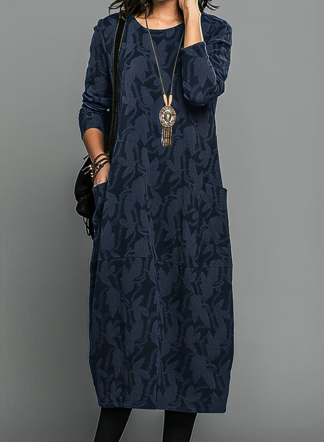 Rosalind casual round neck long sleeve winter dress in navy blue, front view