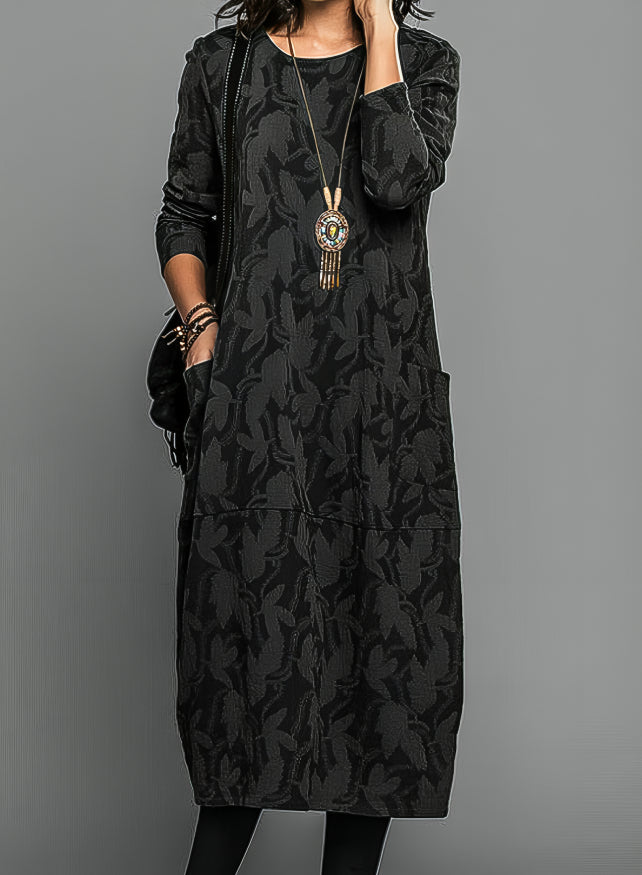 Rosalind casual round neck long sleeve winter dress in black, front view