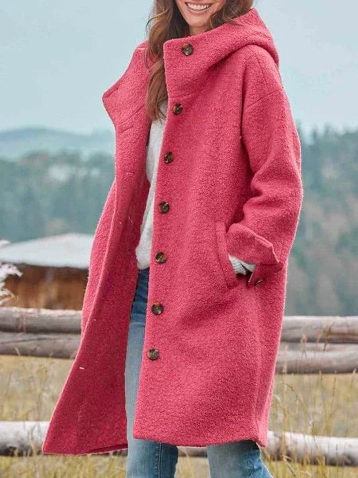 Rosalind hooded button-down winter jacket in pink, side view