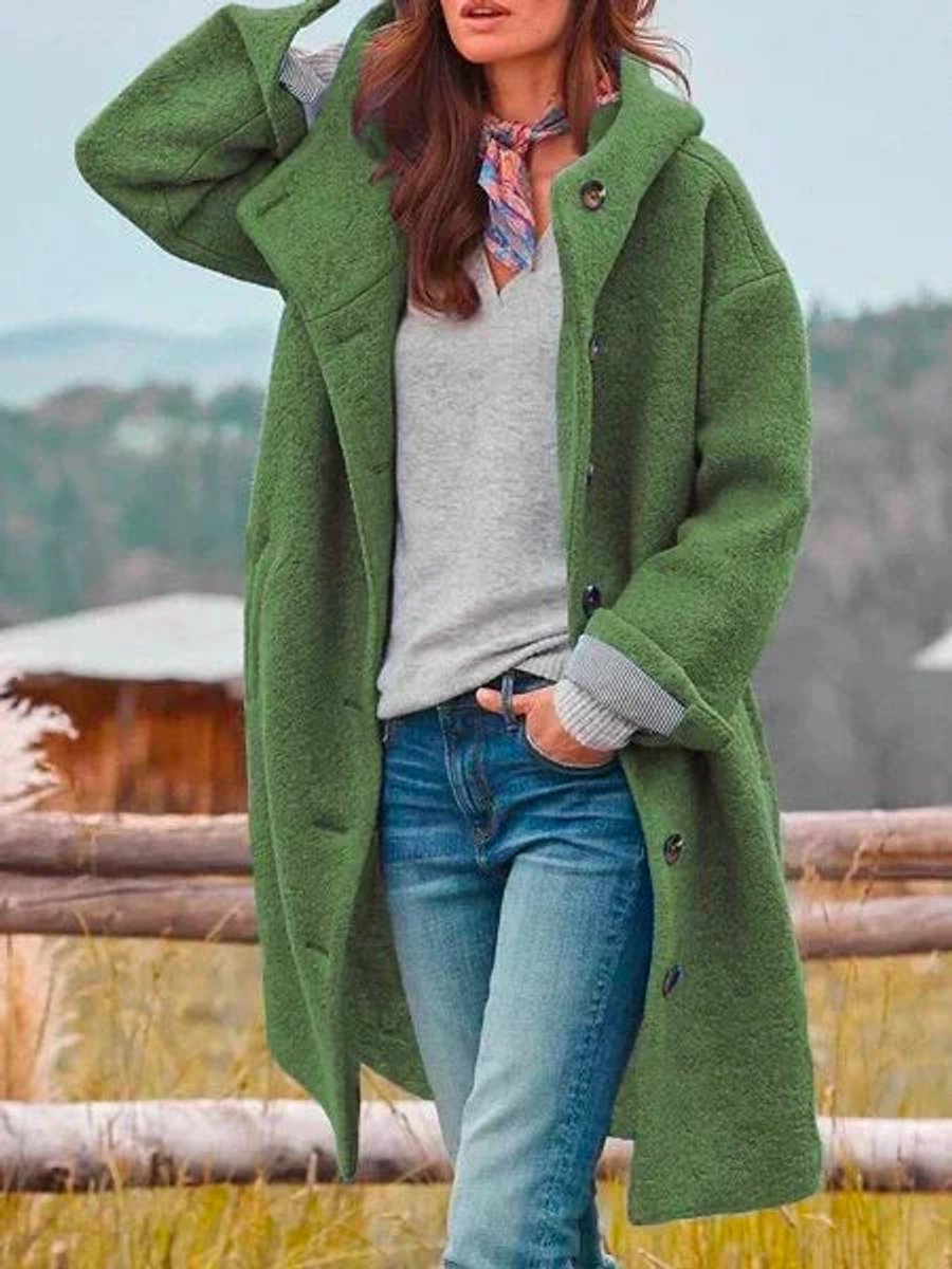 Rosalind hooded button-down winter jacket in green, front view