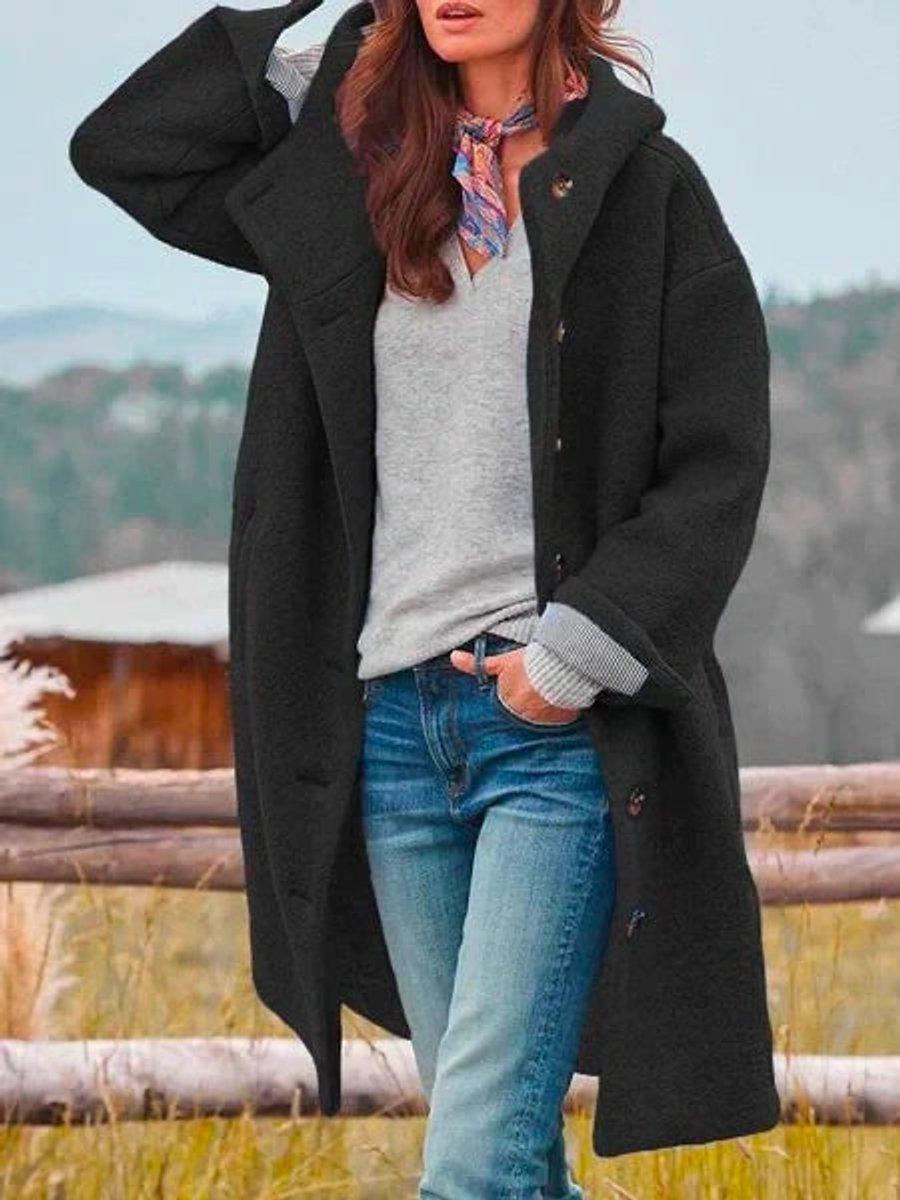 Rosalind hooded button-down winter jacket in black, front view