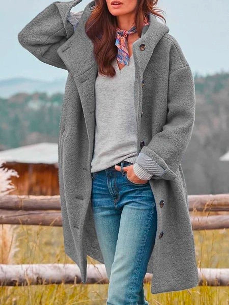Rosalind hooded button-down winter jacket in gray, front view