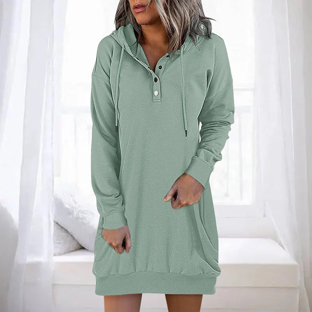 Rosalind hooded sweater dress in sage green, front view
