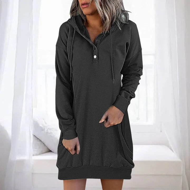 Rosalind hooded sweater dress in black, front view