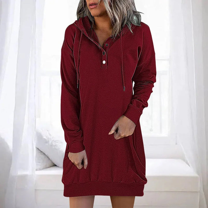 Rosalind hooded sweater dress in burgundy, front view
