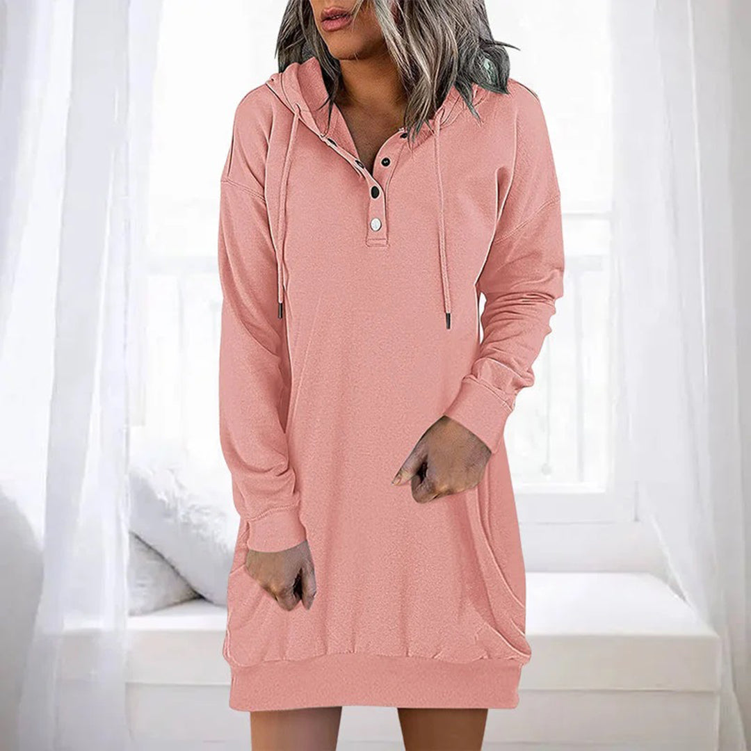 Rosalind hooded sweater dress in pink, front view