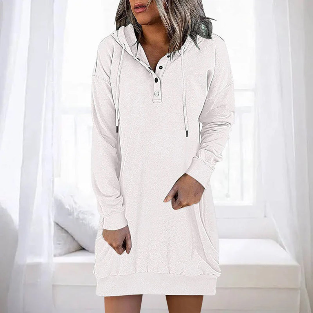 Rosalind hooded sweater dress in white, front view