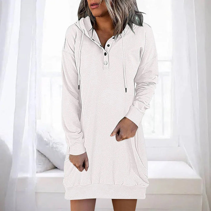 Rosalind hooded sweater dress in white, front view
