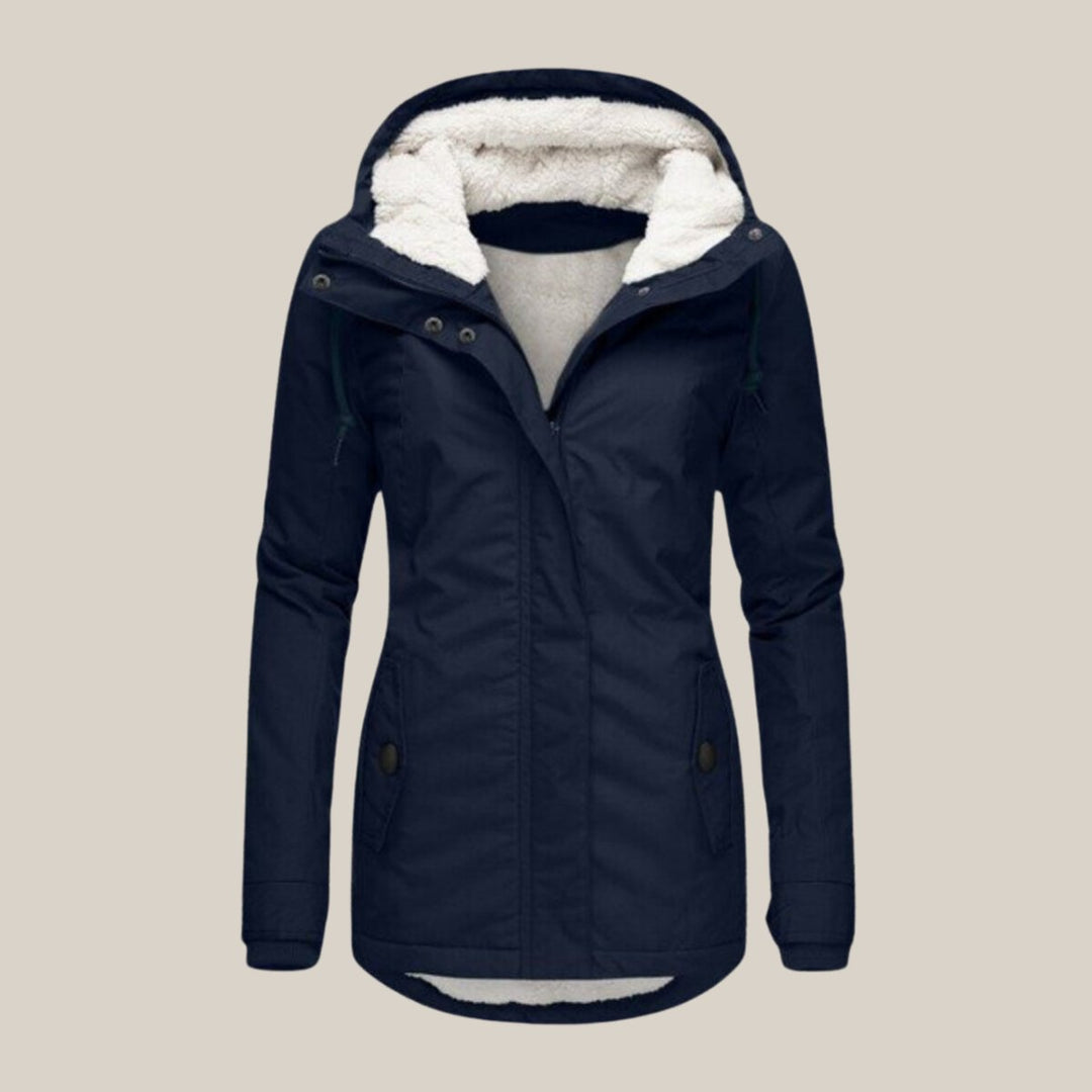 Rosalind hooded fleece lined winter jacket, front view in navy