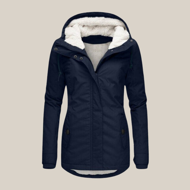 Rosalind hooded fleece lined winter jacket, front view in navy