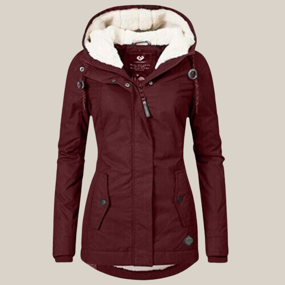 Rosalind hooded fleece lined winter jacket, front view in burgundy
