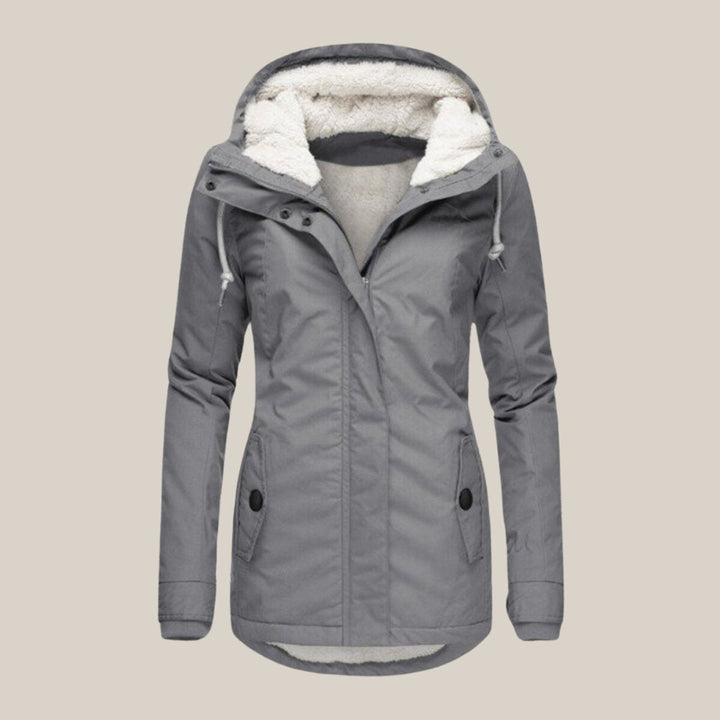Rosalind hooded fleece lined winter jacket, front view in gray