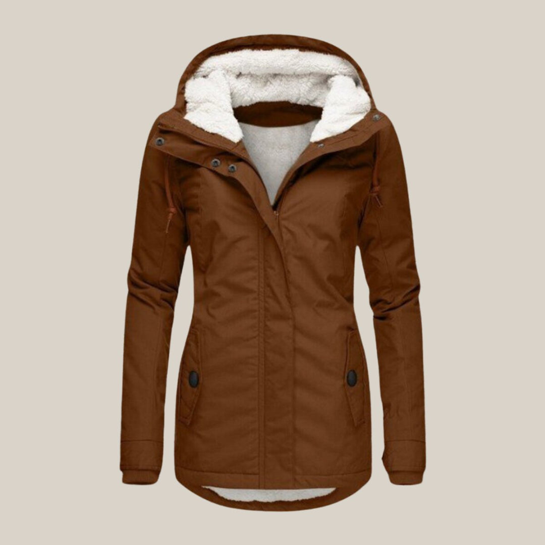 Rosalind hooded fleece lined winter jacket, front view in brown