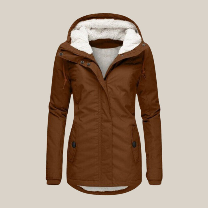 Rosalind hooded fleece lined winter jacket, front view in brown