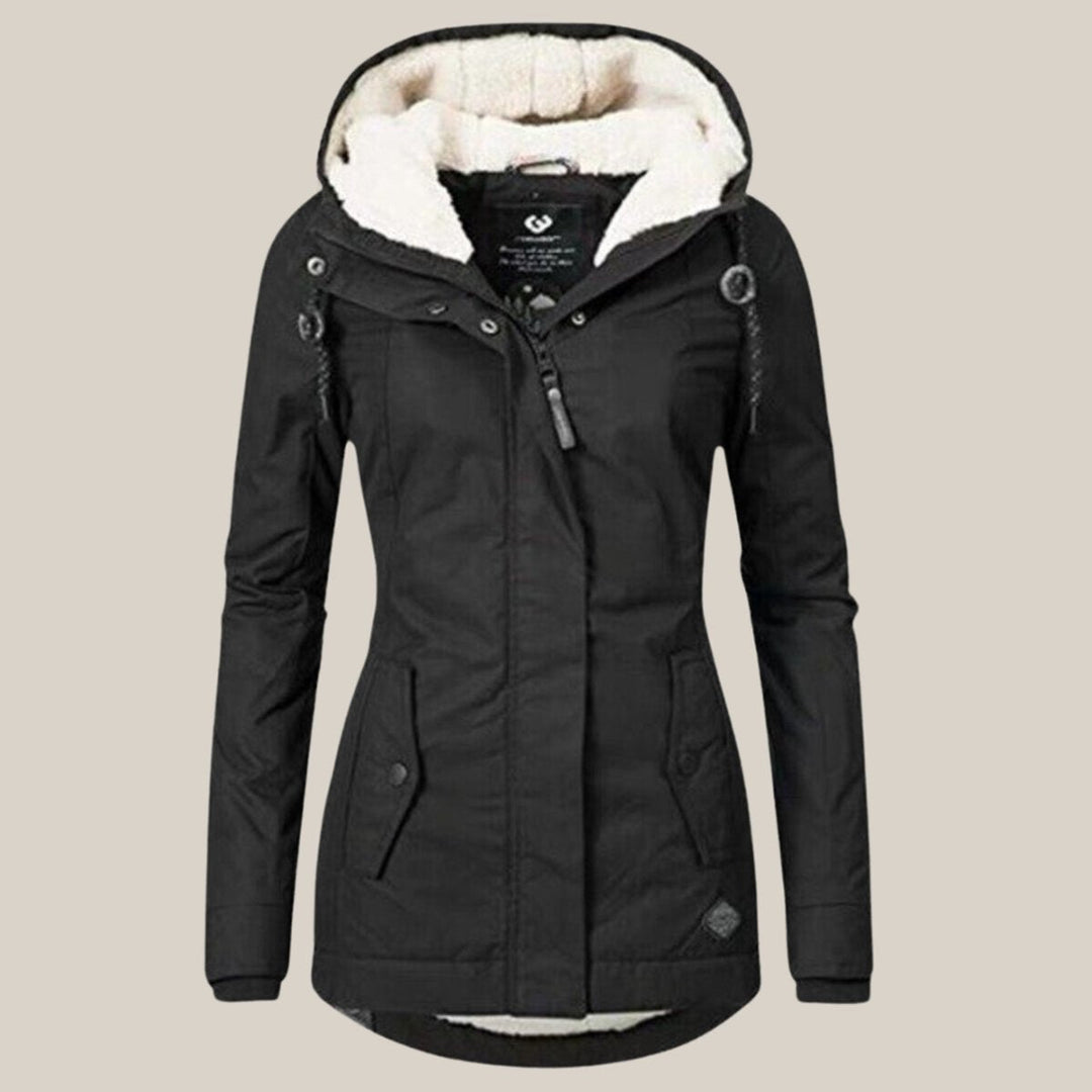 Rosalind hooded fleece lined winter jacket, front view in black