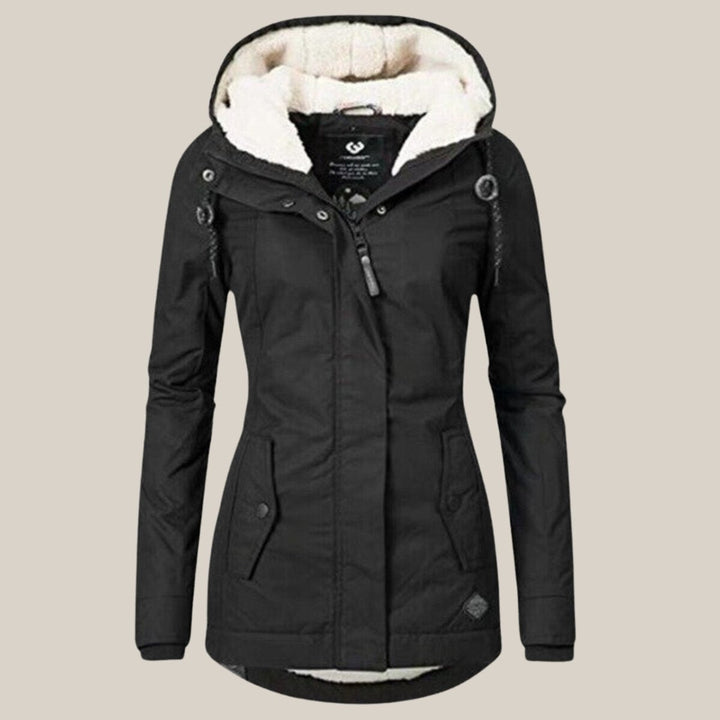 Rosalind hooded fleece lined winter jacket, front view in black
