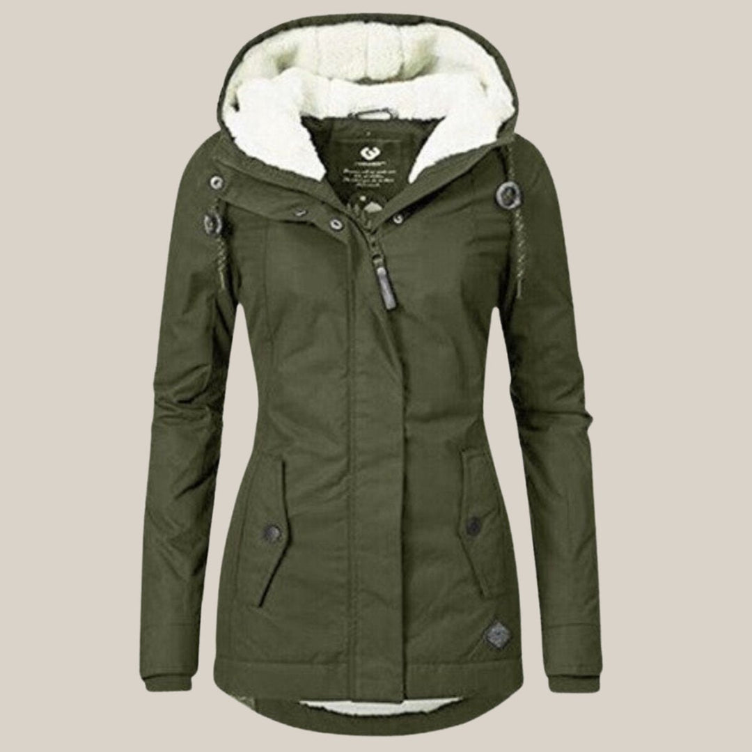 Rosalind hooded fleece lined winter jacket, front view in olive green