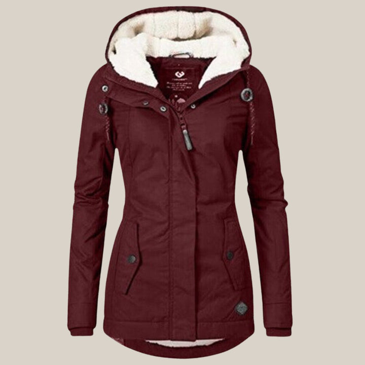 Rosalind hooded fleece lined winter jacket, front view in burgundy