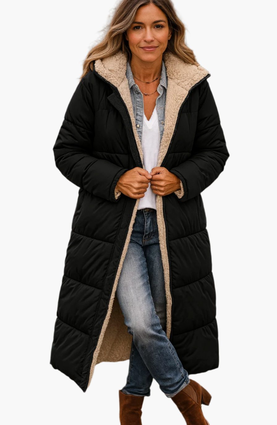 Rosalind long hooded sherpa jacket in black, front view open over denim outfit