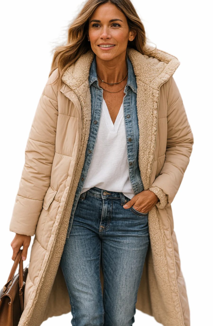 Rosalind long hooded sherpa jacket in beige, front view carrying a handbag