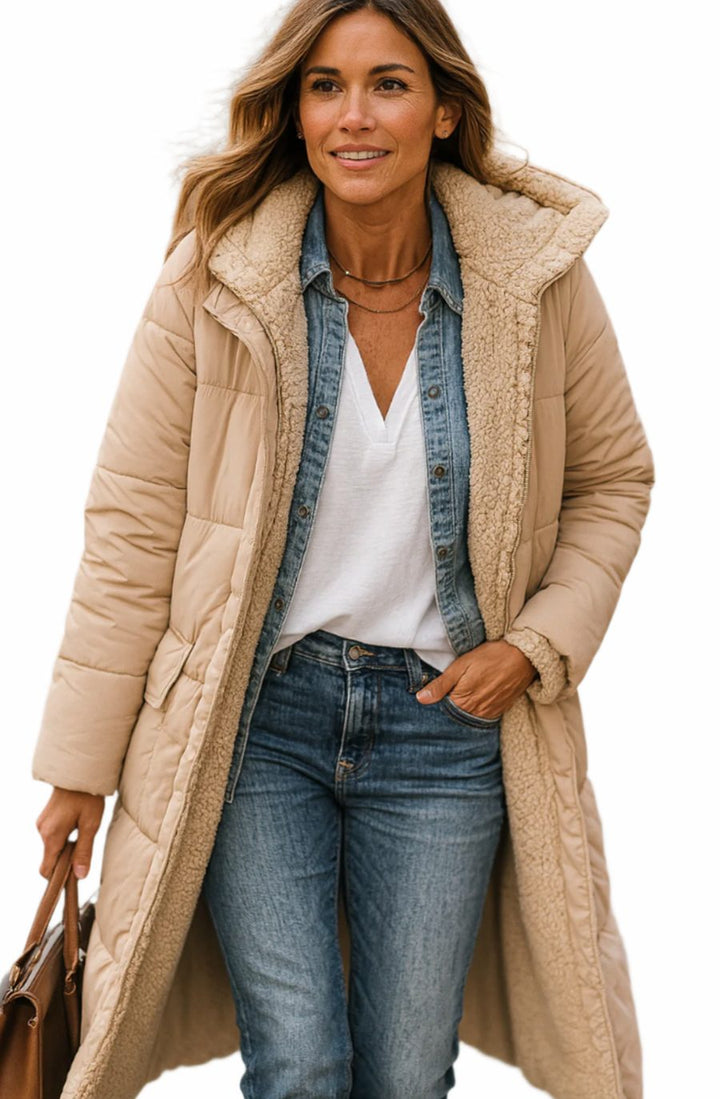 Rosalind long hooded sherpa jacket in beige, front view carrying a handbag