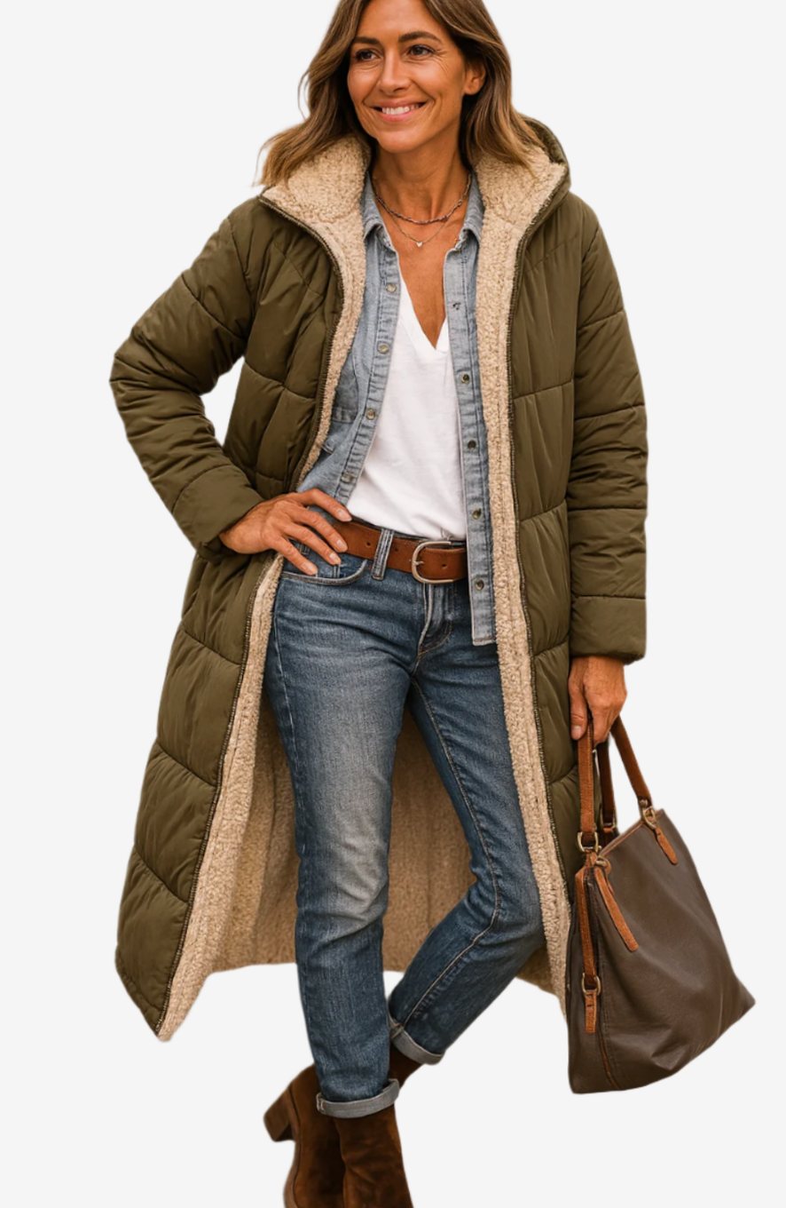 Rosalind long hooded sherpa jacket in army green, front view with hand on hip
