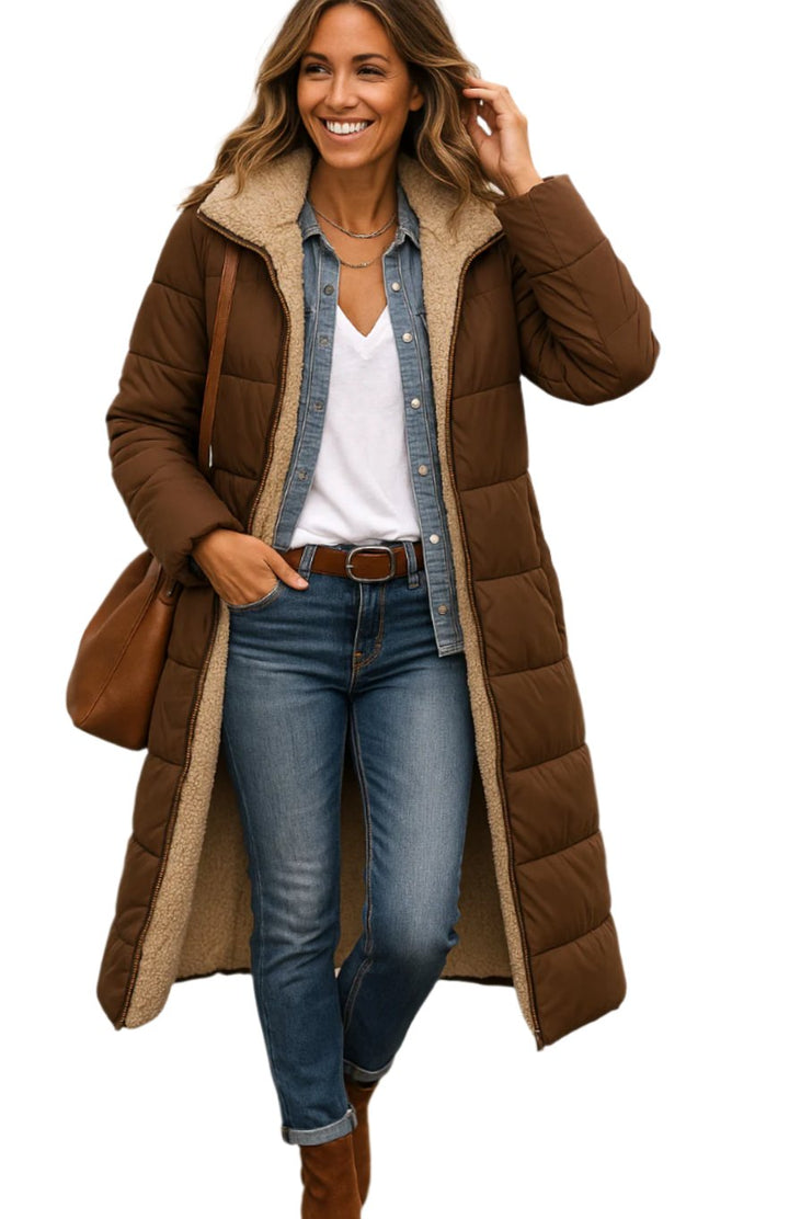 Rosalind long hooded sherpa jacket in brown, front view with hand in pocket